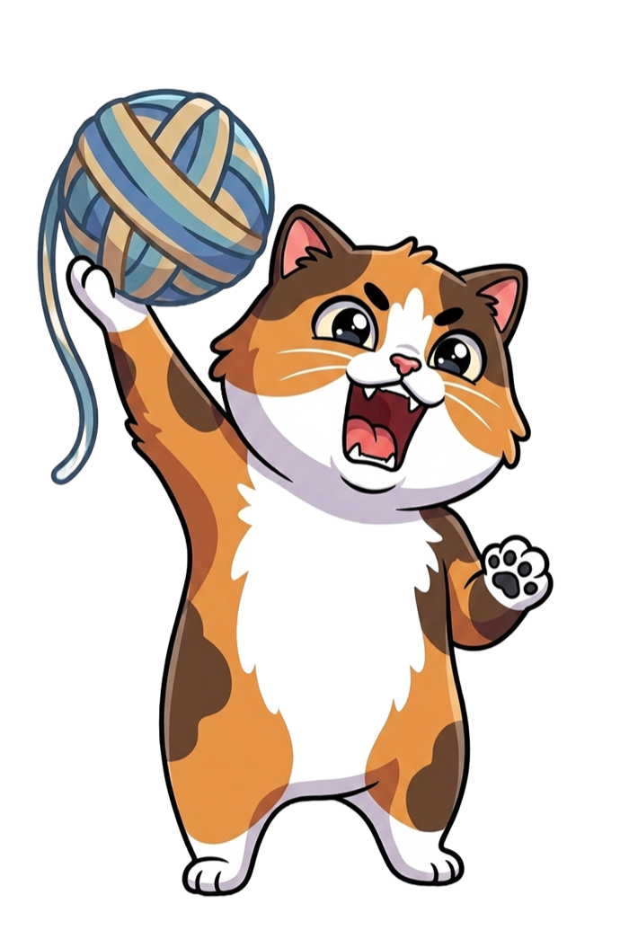 A cartoon calico cat triumphantly holding a ball of yarn overhead